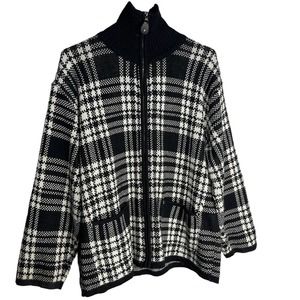 Tally Ho Sweater Womens Large Black‎ White Plaid Full Zip Mock Neck Long Sleeve